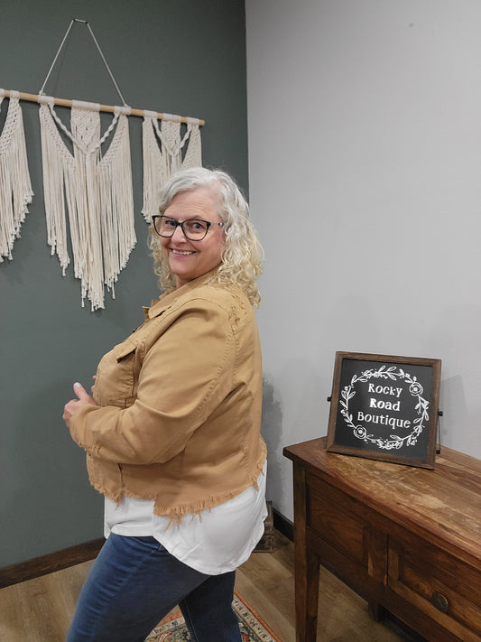 Risen Distressed Stretch Denim Jacket in Mocha