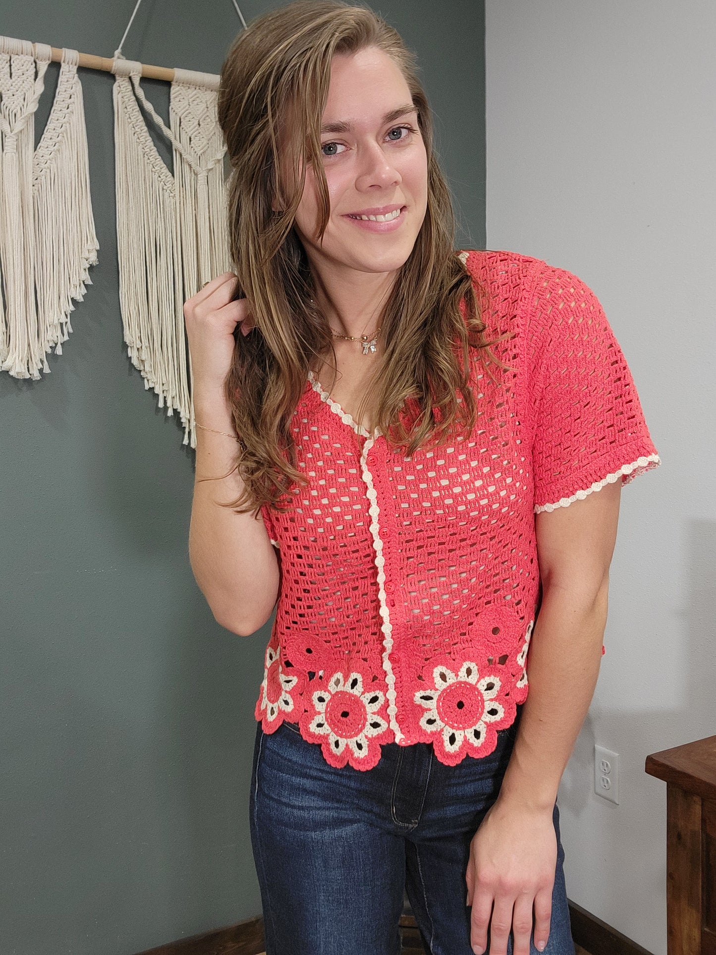 New In Crochet Lace Top - Dark Coral