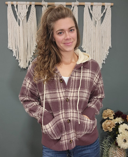 Staccato Plum+Cream Knit Plaid Sweater with Detachable Hood