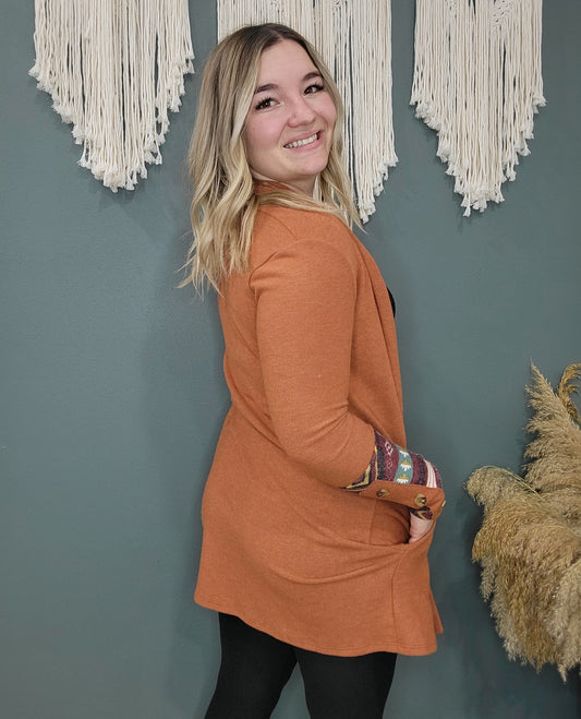 Rust Aztec Print Sleeve Fleece Cardigan