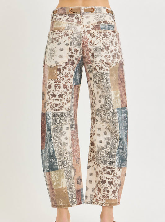 Risen High Rise Slouchy Cropped Barrel Jean - Paisley Patchwork