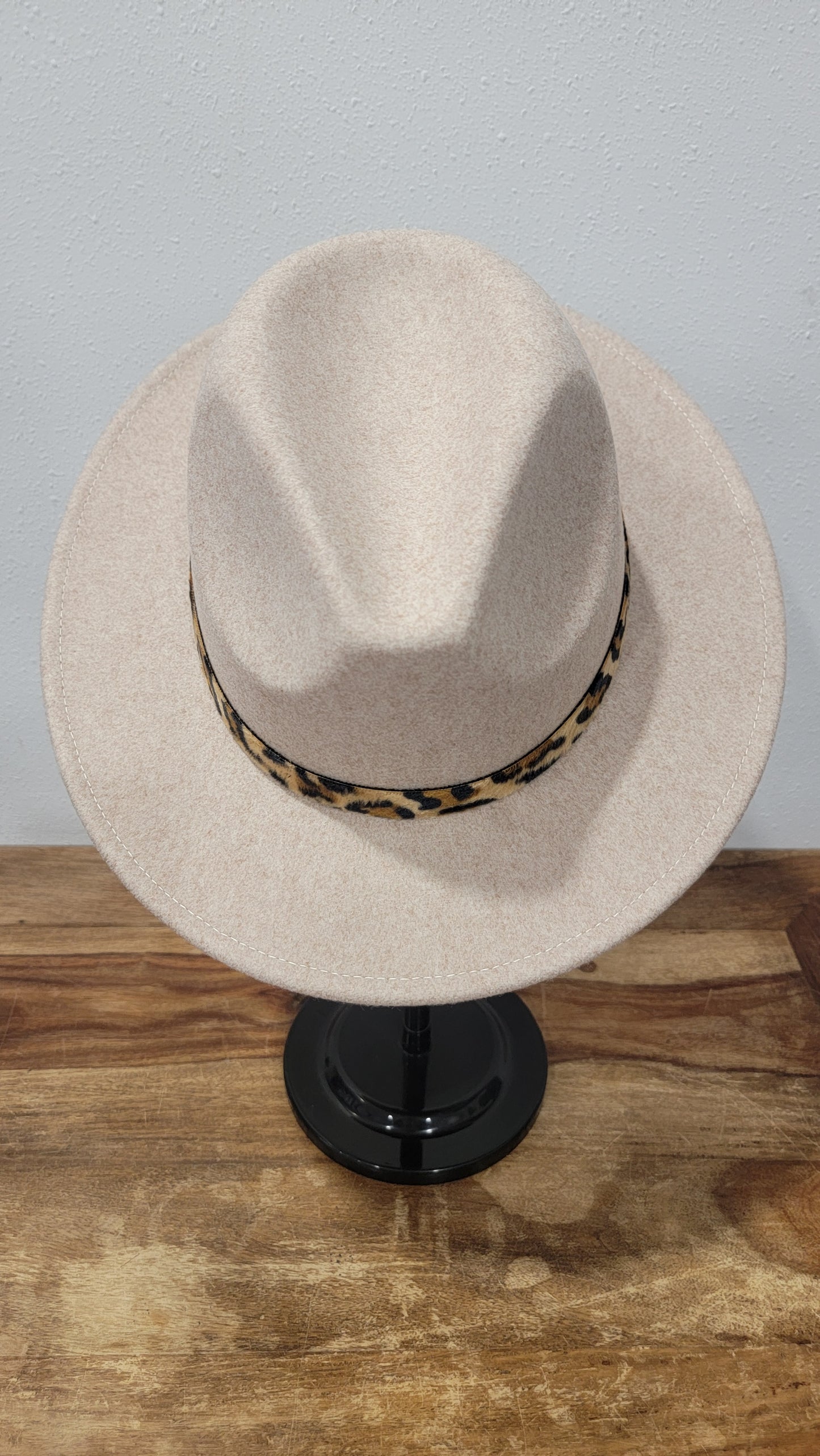CC Beanie Fedora Hat - Heather Taupe w/Leopard Print Band