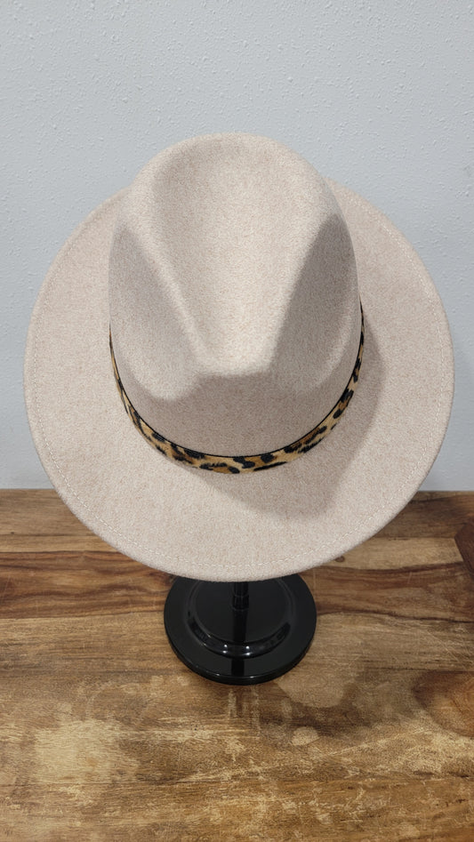 CC Beanie Fedora Hat - Heather Taupe w/Leopard Print Band