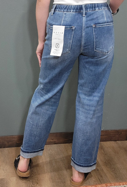 Risen Tie Waist Boyfriend Jean with Cuffed Hem