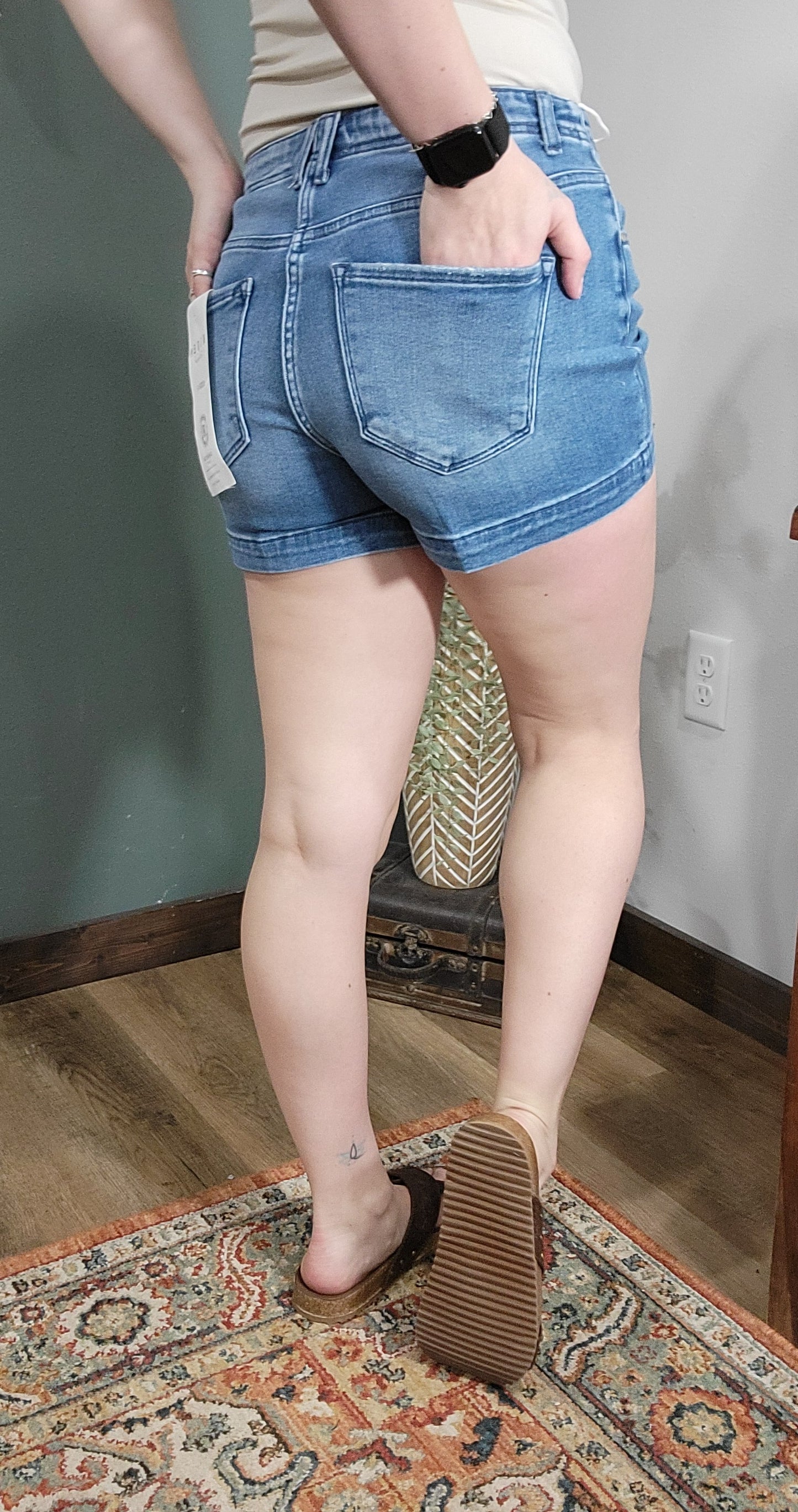 Risen Mid Rise Relaxed Fit Medium Wash Denim Shorts
