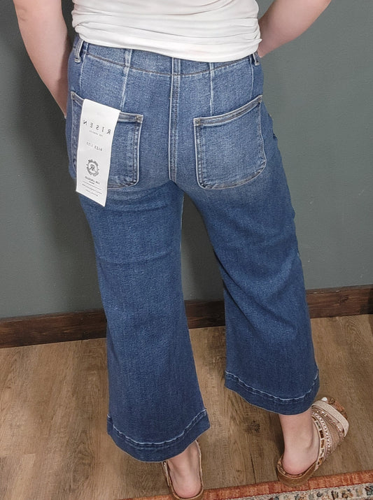 Risen High Rise Double Button Cropped Wide Leg Jean