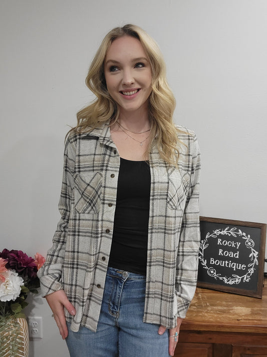 Panache Multi Color Plaid Button Up / Lt Grey, Taupe & Dk Grey