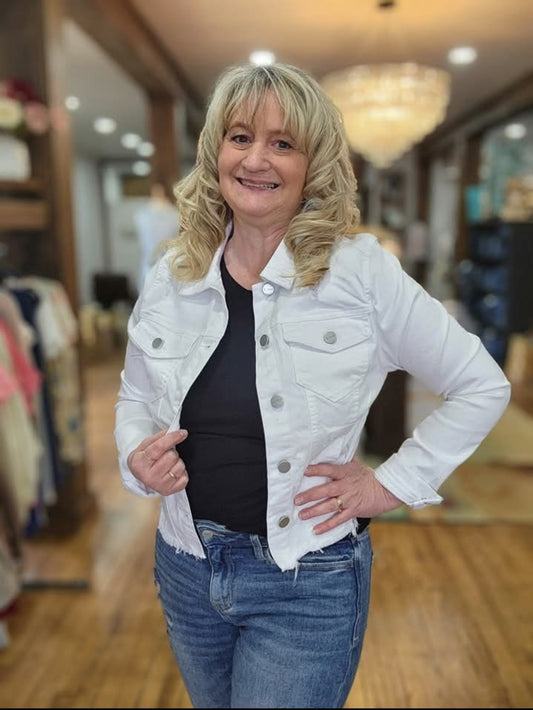 Risen Distressed Stretch Denim Jacket in White