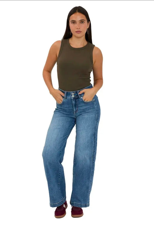 RFM Hailey High Rise Slimmers Wide Leg Jeans 2 Button- Medium Wash