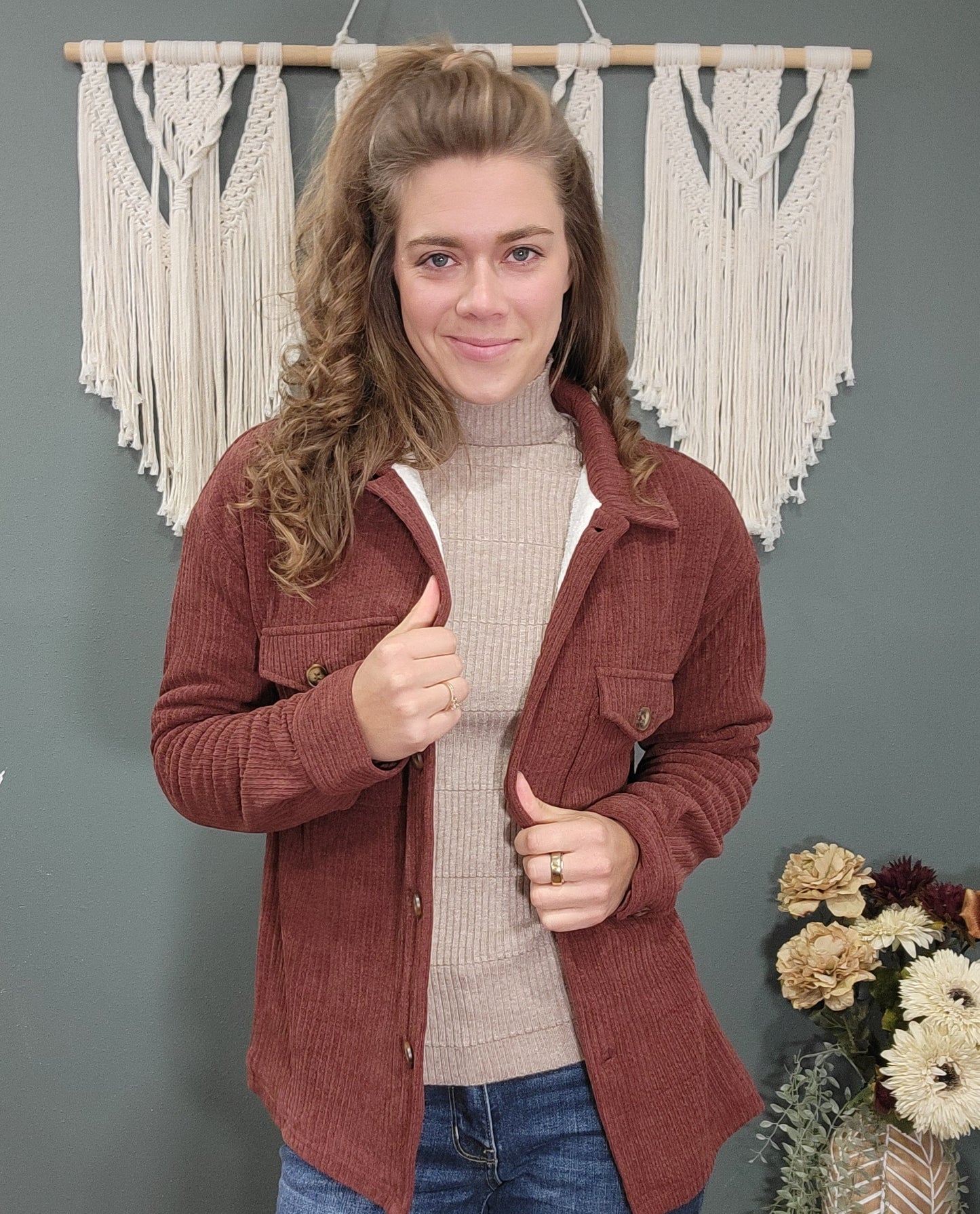 Staccato Rust Brown Sherpa Lined Shacket
