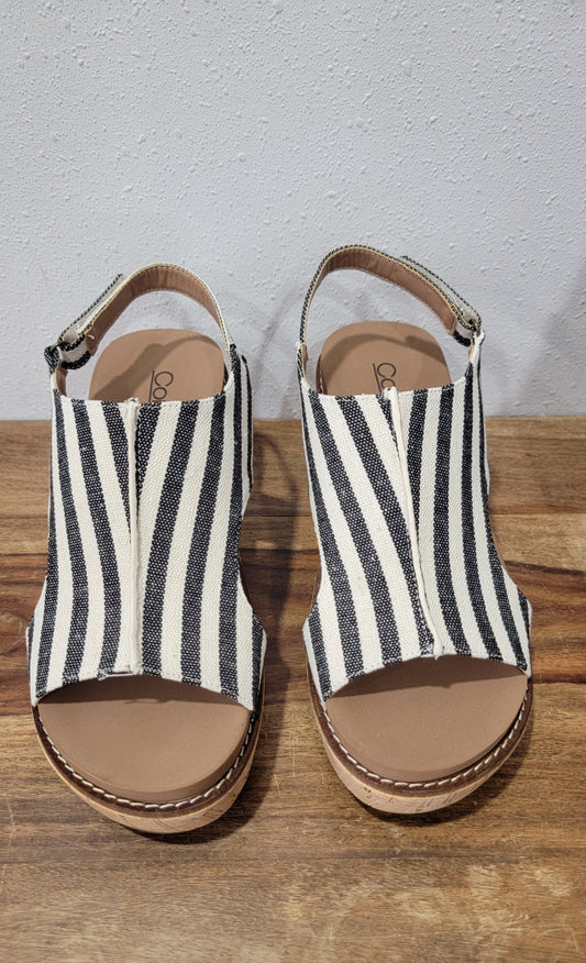 Corkys Carley Black Natural Stripe Wedge Sandal