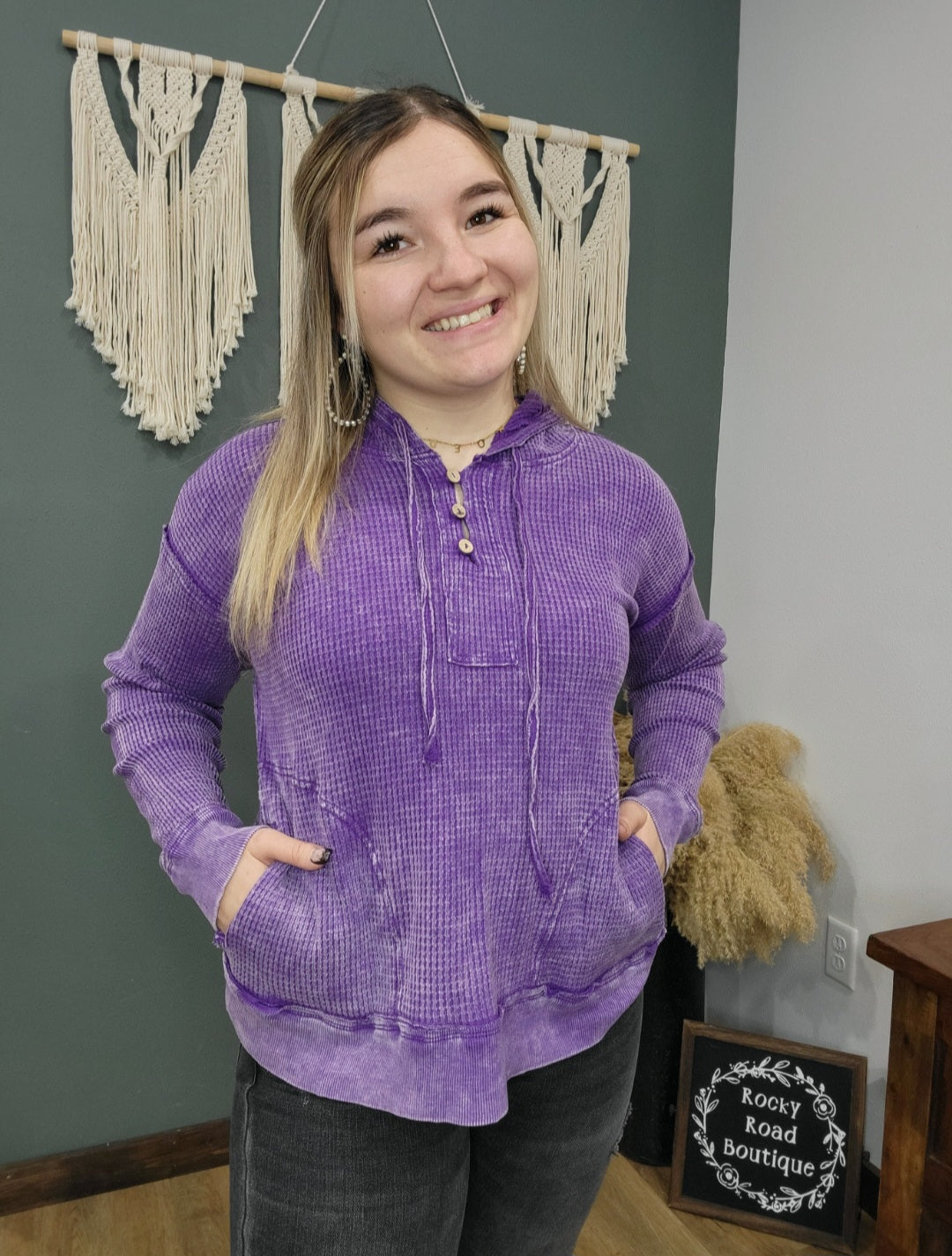 Zenana Purple Acid Washed Hooded Top