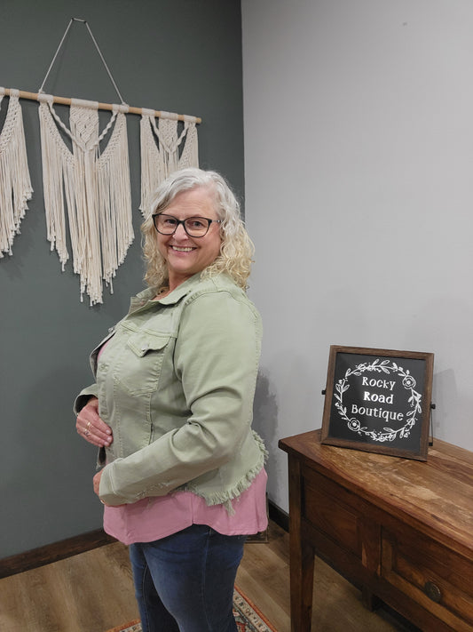 Risen Distressed Stretch Denim Jacket in Olive