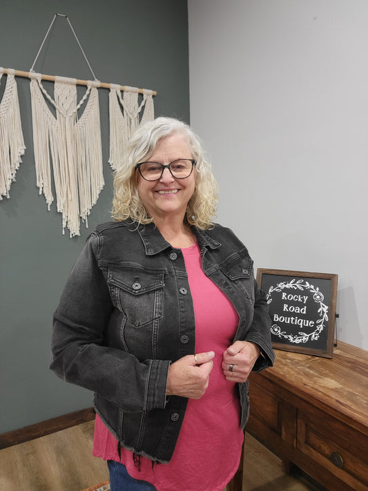 Risen Distressed Stretch Denim Jacket in Black