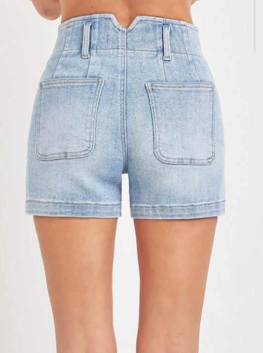 Risen High Rise Light Wash Denim Short