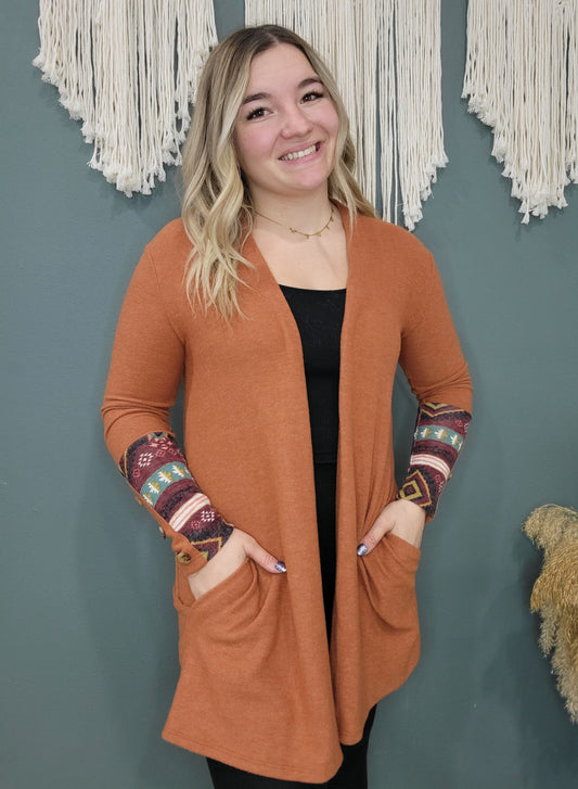 Rust Aztec Print Sleeve Fleece Cardigan