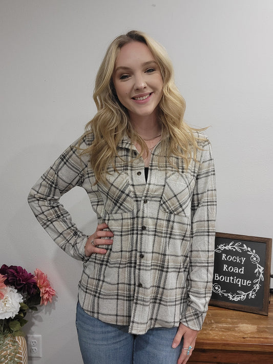 Panache Multi Color Plaid Button Up / Lt Grey, Taupe & Dk Grey