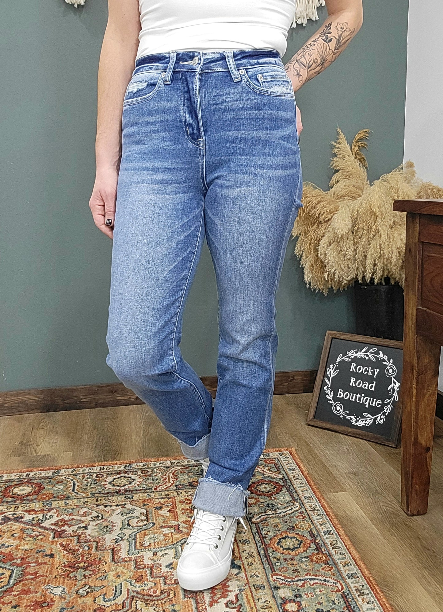 Zenana Light Wash Cuffed Straight Fit Jeans