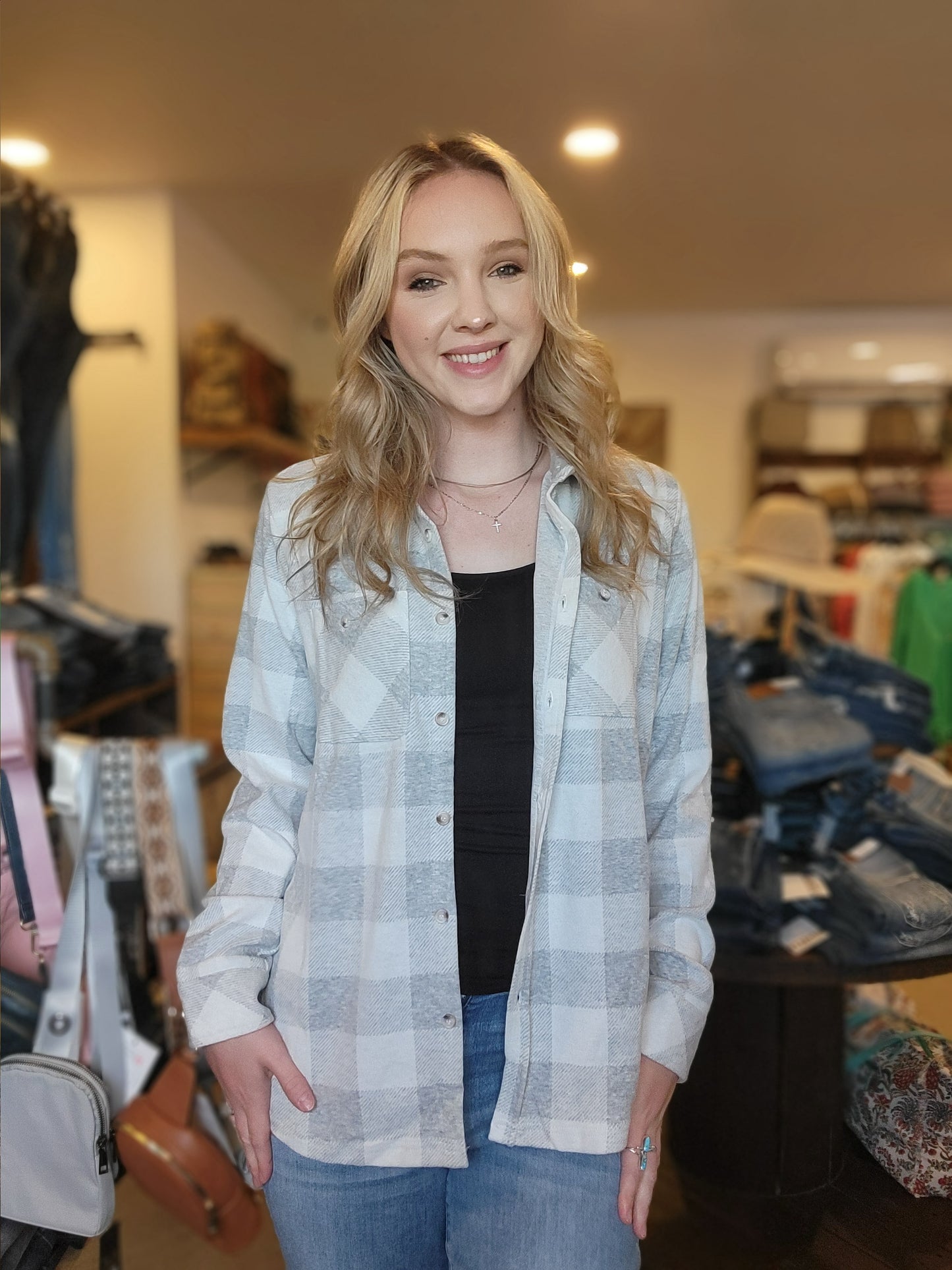 Panache White/Grey Buffalo Plaid Button Up