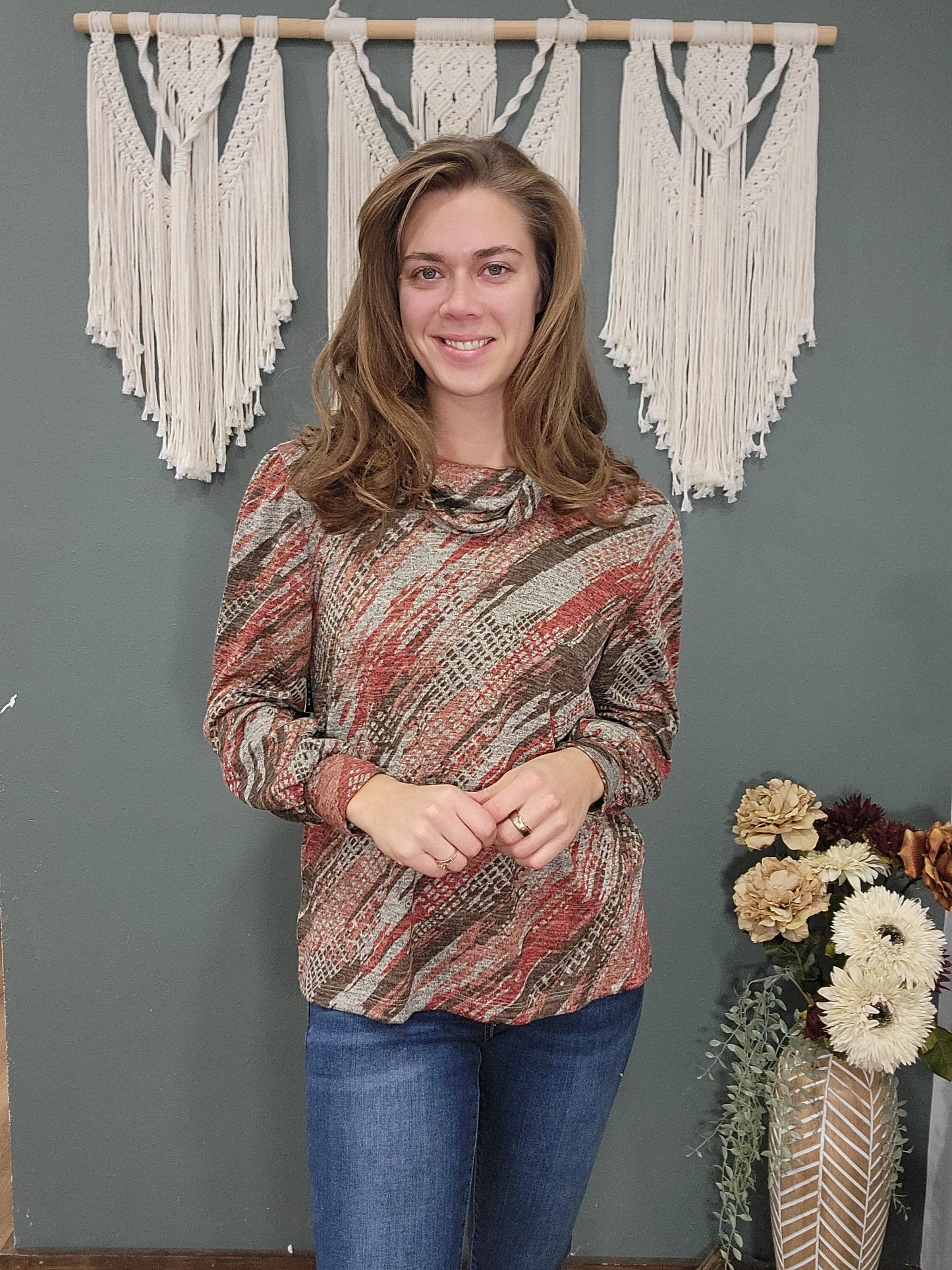 N Touch Brown Rust Cowl Neck Top