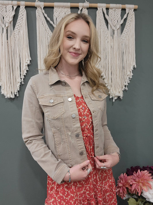 Risen Distressed Stretch Denim Jacket in Taupe