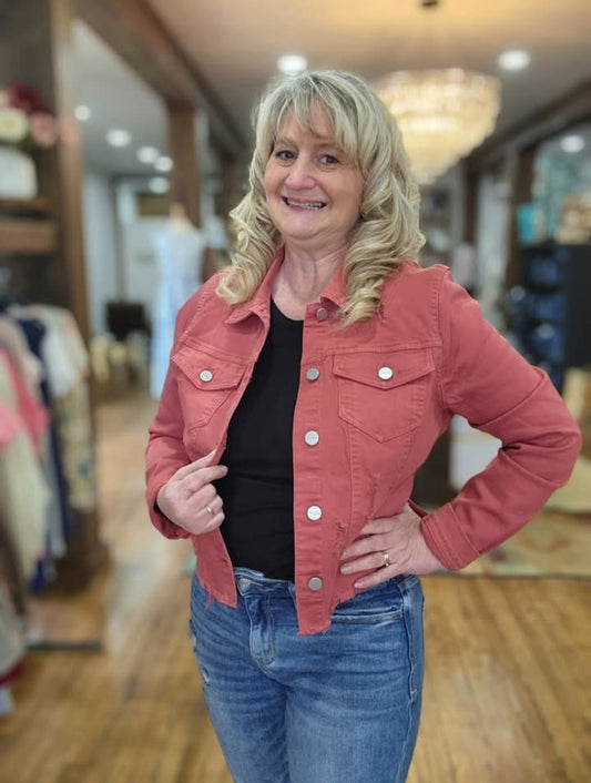 Risen Distressed Stretch Denim Jacket in Brick