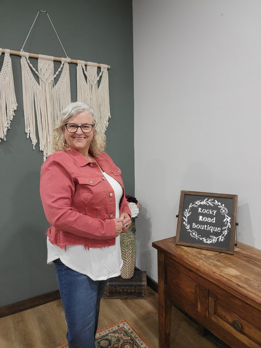 Risen Distressed Stretch Denim Jacket in Brick