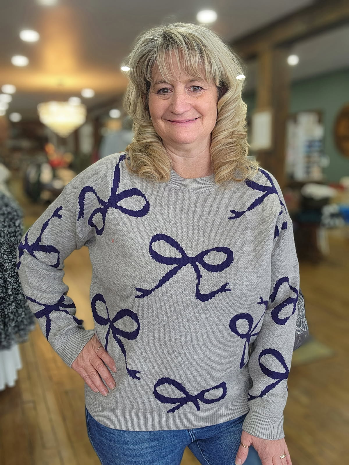 Miracle Grey/Navy Bow Sweater