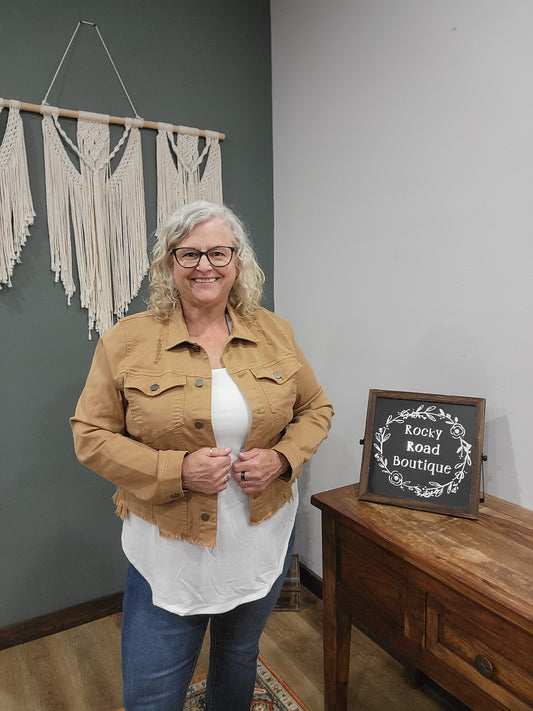 Risen Distressed Stretch Denim Jacket in Mocha