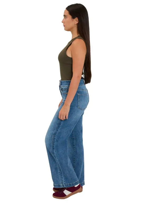 RFM Hailey High Rise Slimmers Wide Leg Jeans 2 Button- Medium Wash