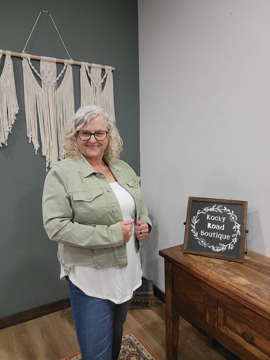 Risen Distressed Stretch Denim Jacket in Olive