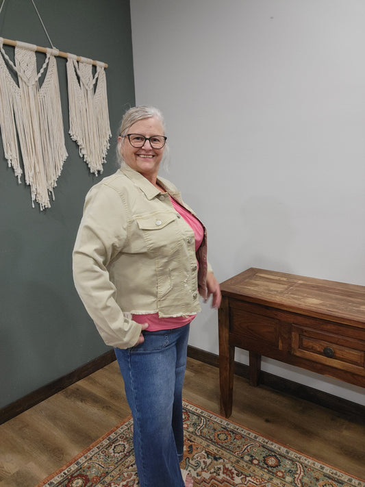 Risen Distressed Stretch Denim Jacket in Khaki