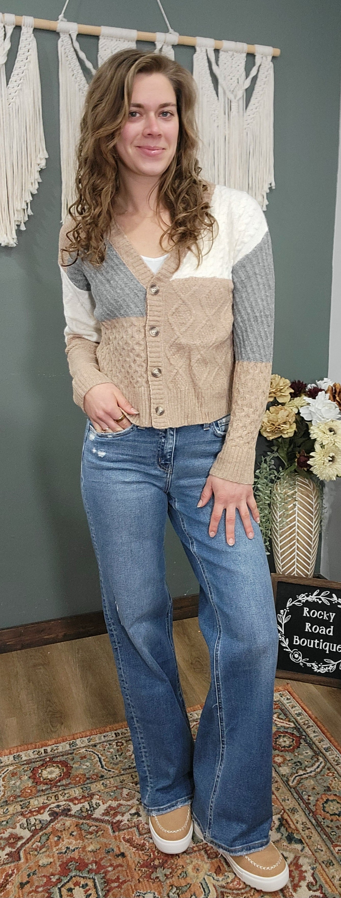 Michelle Mae Tricolor Knit Button Up Cardigan