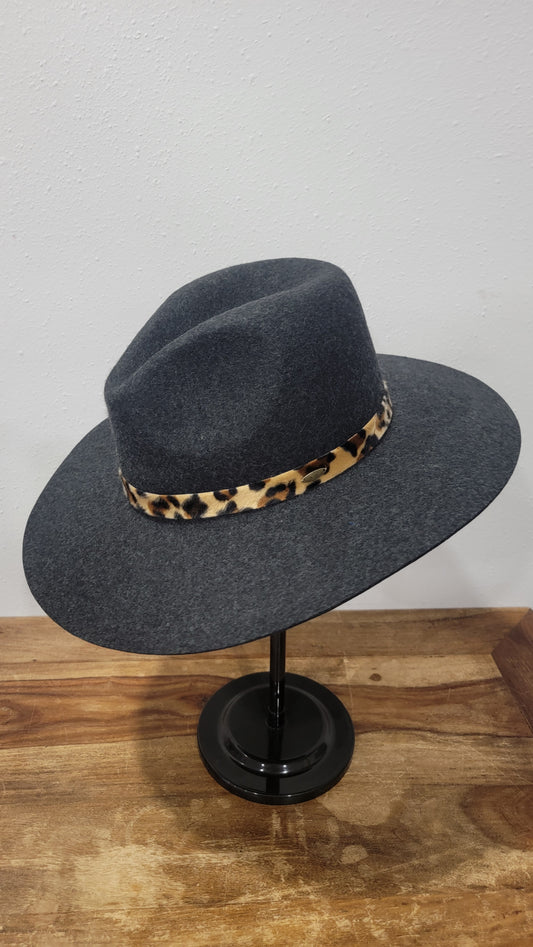CC Beanie Fedora Hat - Heather Dk Grey w/Leopard Print Band