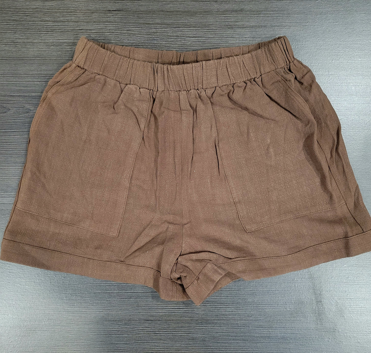 Brown Linen Elastic Waist Shorts