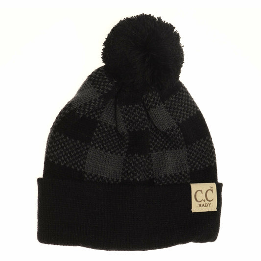 CC Baby Black/Grey Plaid Pom Beanie