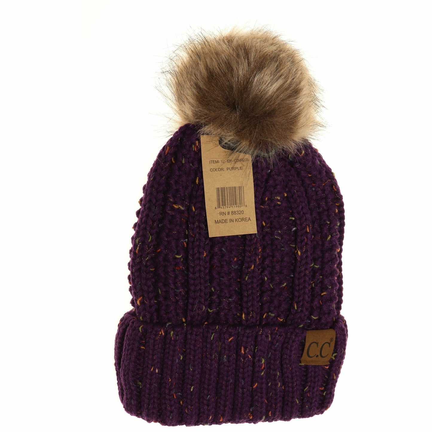 CC Adult Fuzzy Lined Flecked Faux Fur Pom Beanie *Multiple Colors*