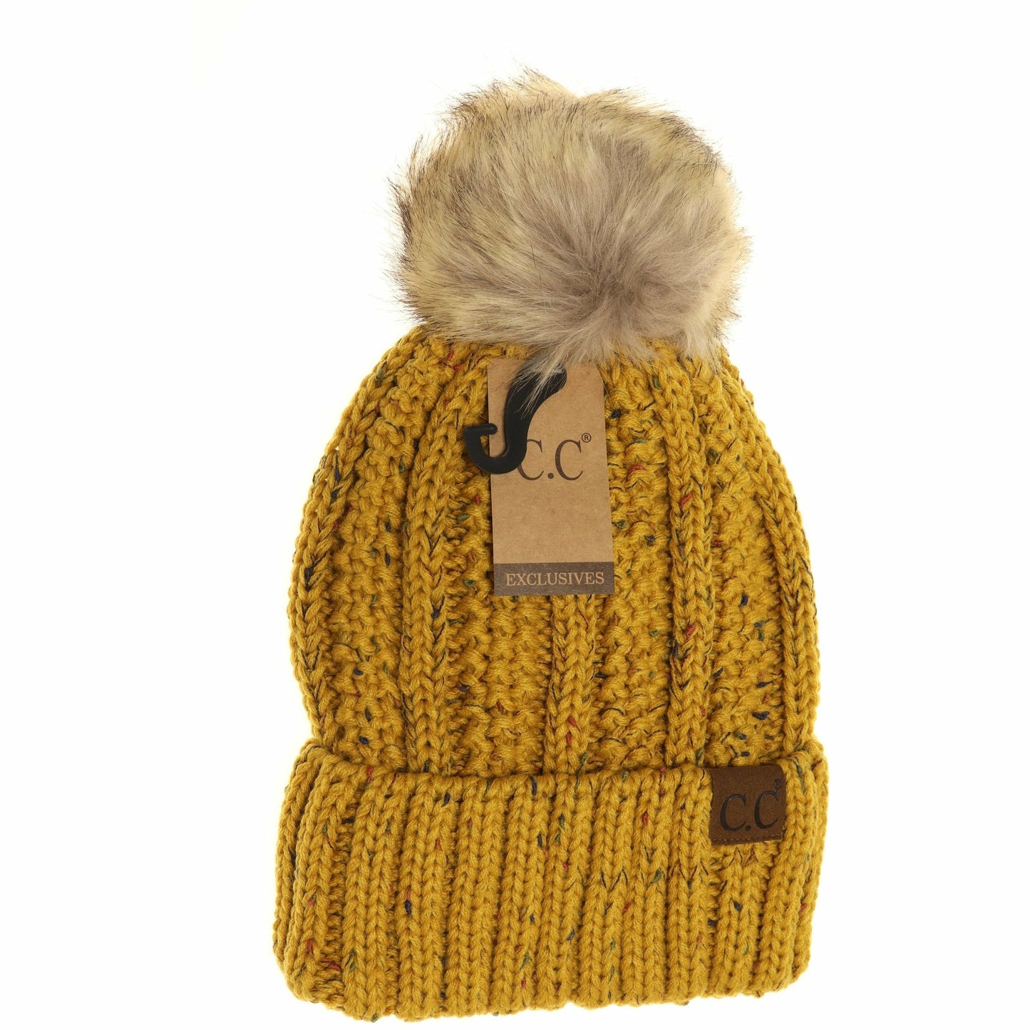 CC Adult Fuzzy Lined Flecked Faux Fur Pom Beanie *Multiple Colors*