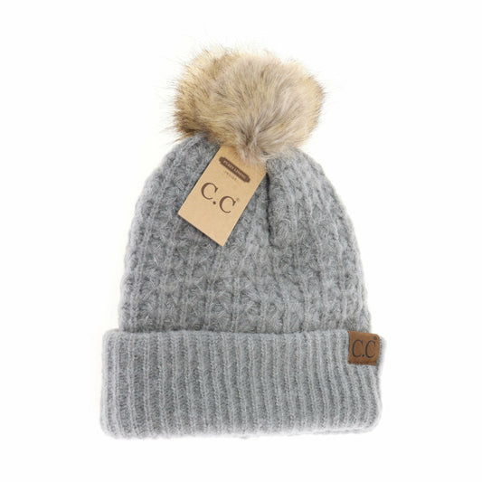 CC Adult Solid Smocked Stitch Fur Pom Beanie *Multiple Colors*