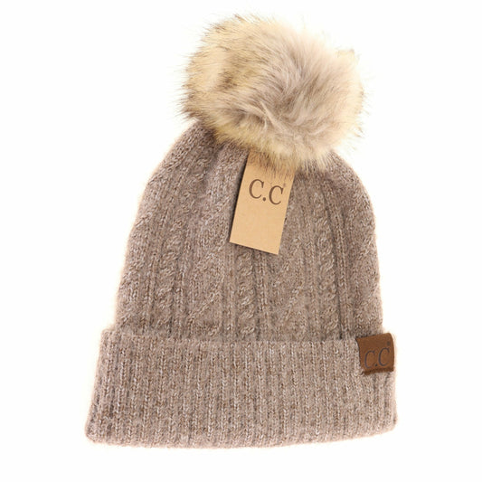 CC Adult Soft Cuff Cable Knit Fur Pom Beanie *Multiple Colors*