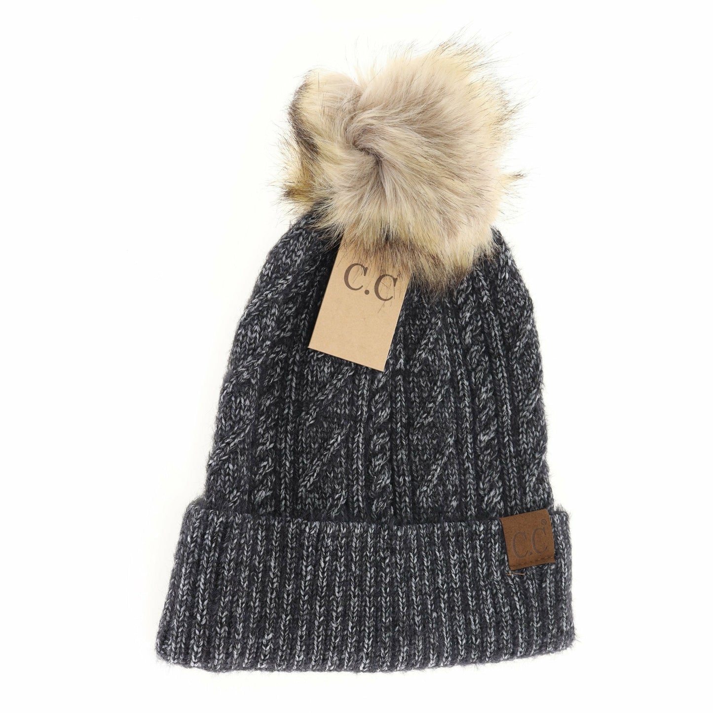 CC Adult Soft Cuff Cable Knit Fur Pom Beanie *Multiple Colors*