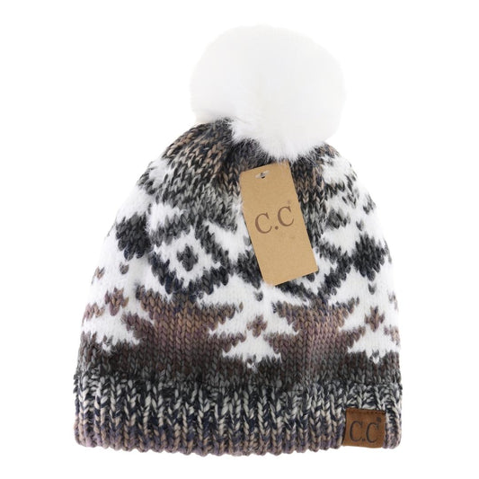 CC Adult Ombre Aztec Print Faux Fur Pom Beanie