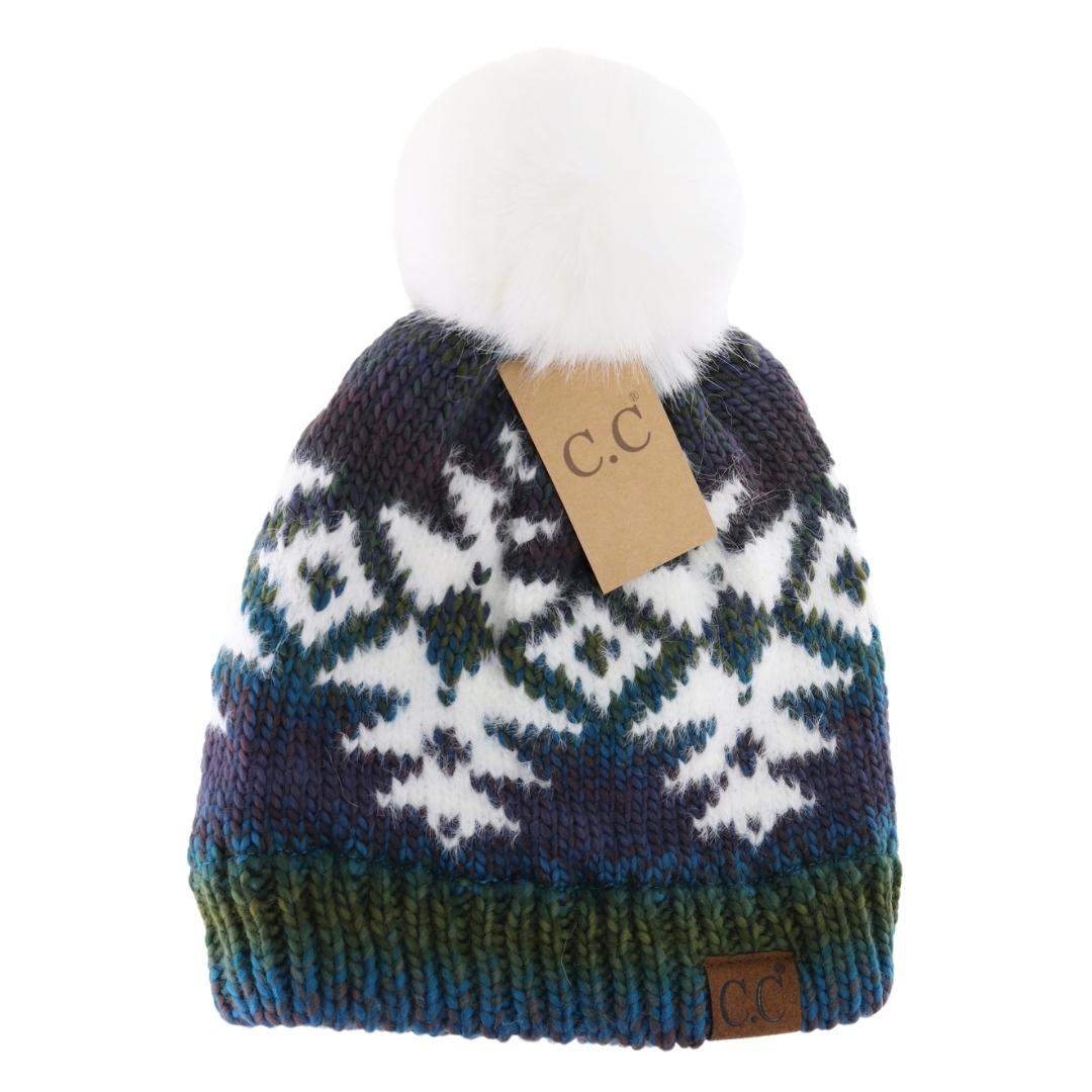 CC Adult Ombre Aztec Print Faux Fur Pom Beanie