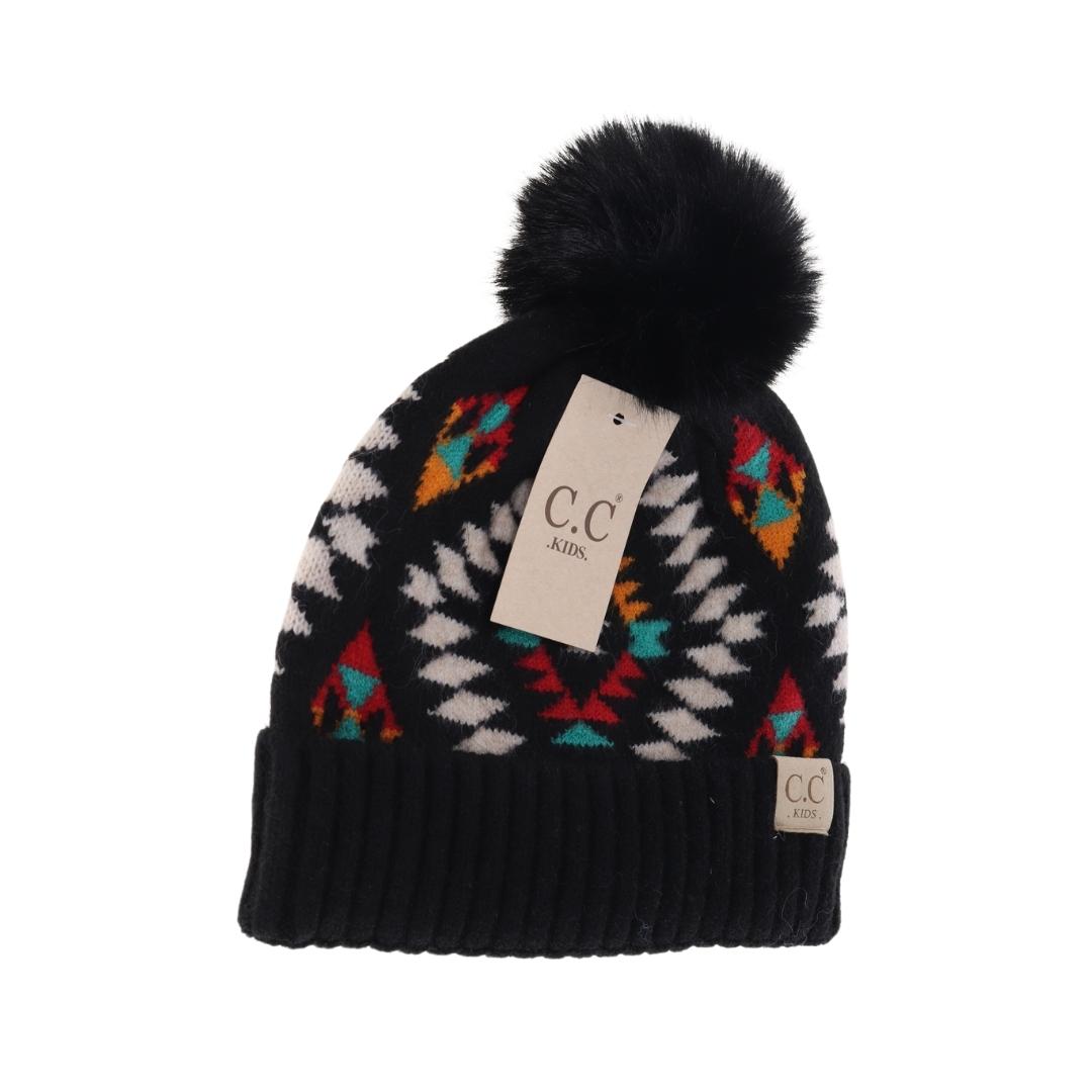 CC Kids Aztec Print Faux Fur Pom Beanie *Multiple Colors*