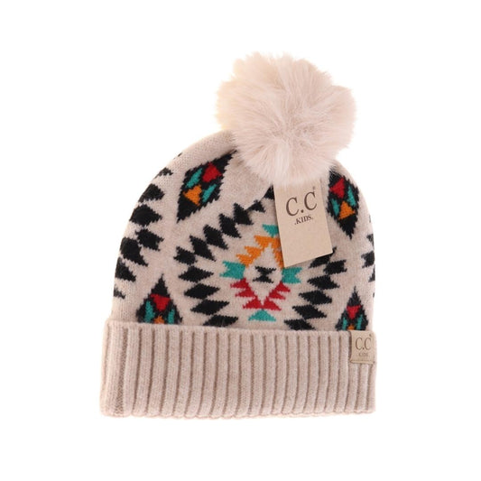 CC Kids Aztec Print Faux Fur Pom Beanie *Multiple Colors*