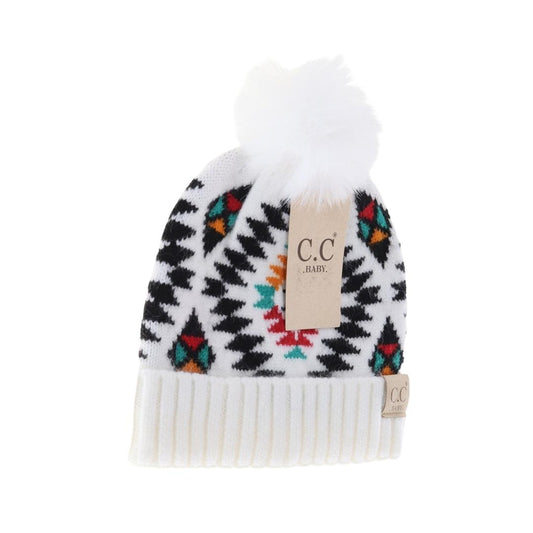 CC Baby Aztec Print Faux Fur Pom Beanie *Multiple Colors*
