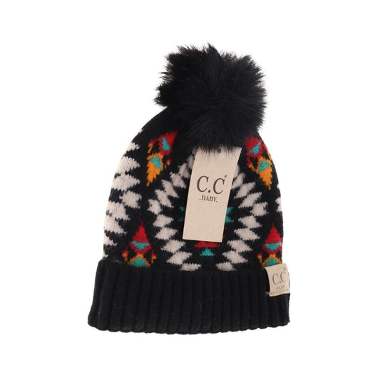 CC Baby Aztec Print Faux Fur Pom Beanie *Multiple Colors*