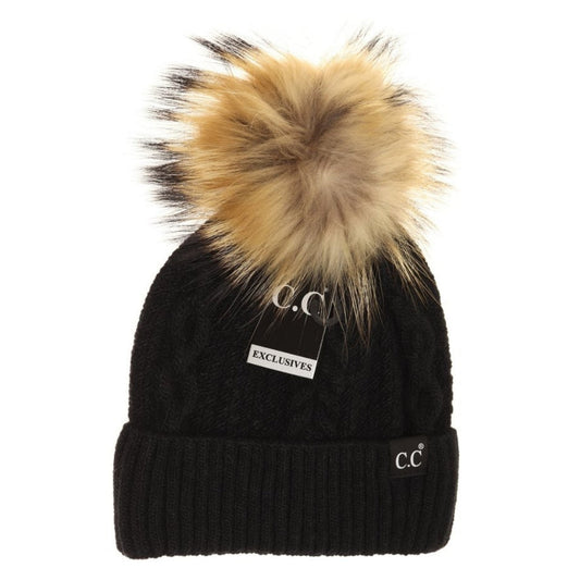 CC Exclusive - Black Label Special Edition Ribbed Cuff Faux Fur Pom Adult Beanie *Multiple Colors*