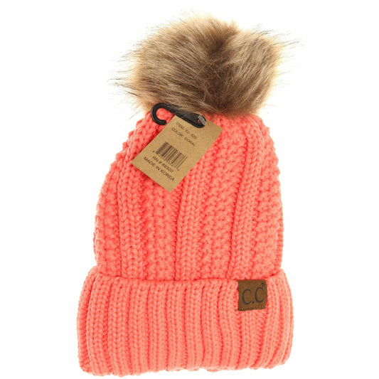 CC Adult Fuzzy Lined Faux Fur Pom Beanie *Multiple Colors*