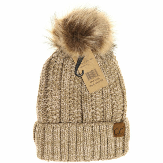 CC Adult Fuzzy Lined Multi-tone Fur Pom Beanie *Multiple Colors*